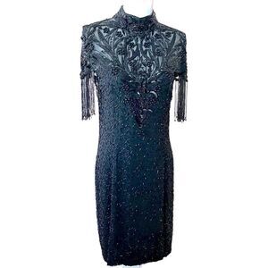 Vintage Nite Line Silk Beaded Fringe Cocktail Dress